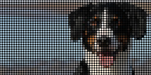 The display showing a photo of a dog rendered as pixel art